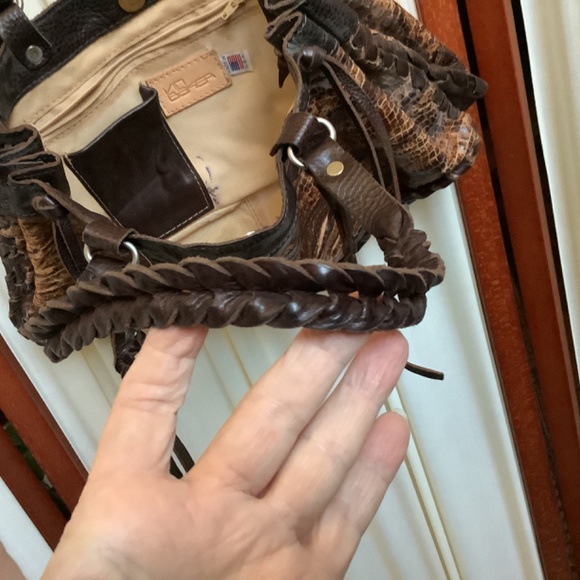 Vin Baker Reptile Embossed Leather Bag Cowgirl Leather Tassels Braided Handles - Picture 5 of 9